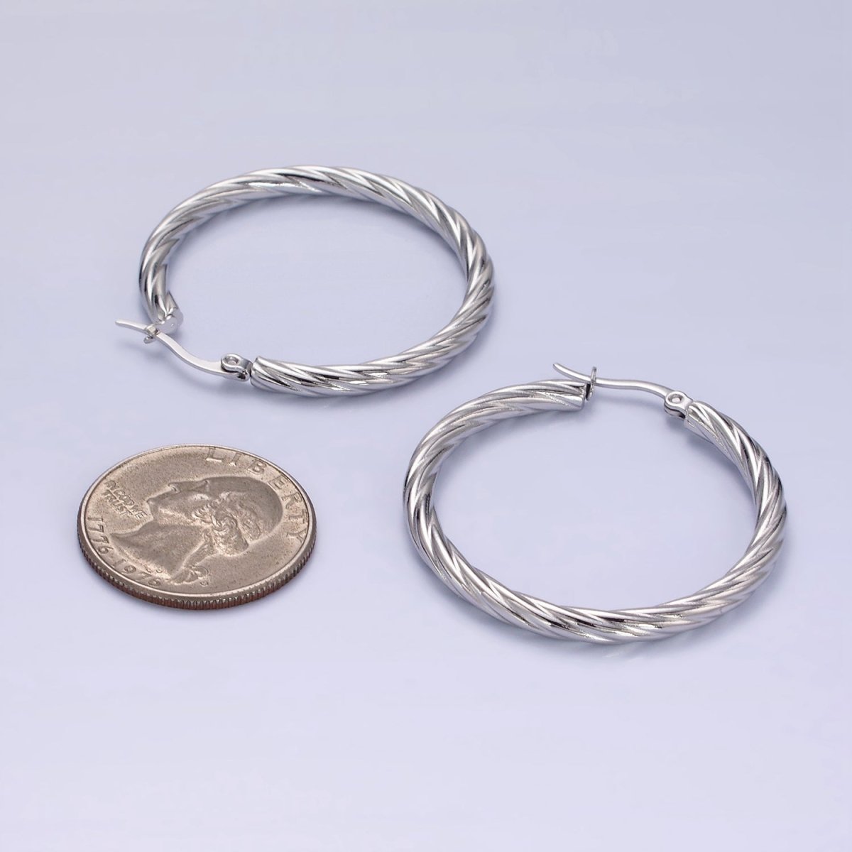 Stainless Steel 40mm Twisted Line-Textured Latch Hoop Earrings | AE247 - DLUXCA