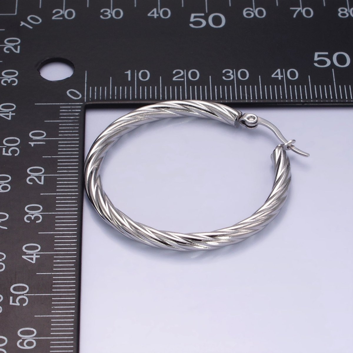 Stainless Steel 40mm Twisted Line-Textured Latch Hoop Earrings | AE247 - DLUXCA
