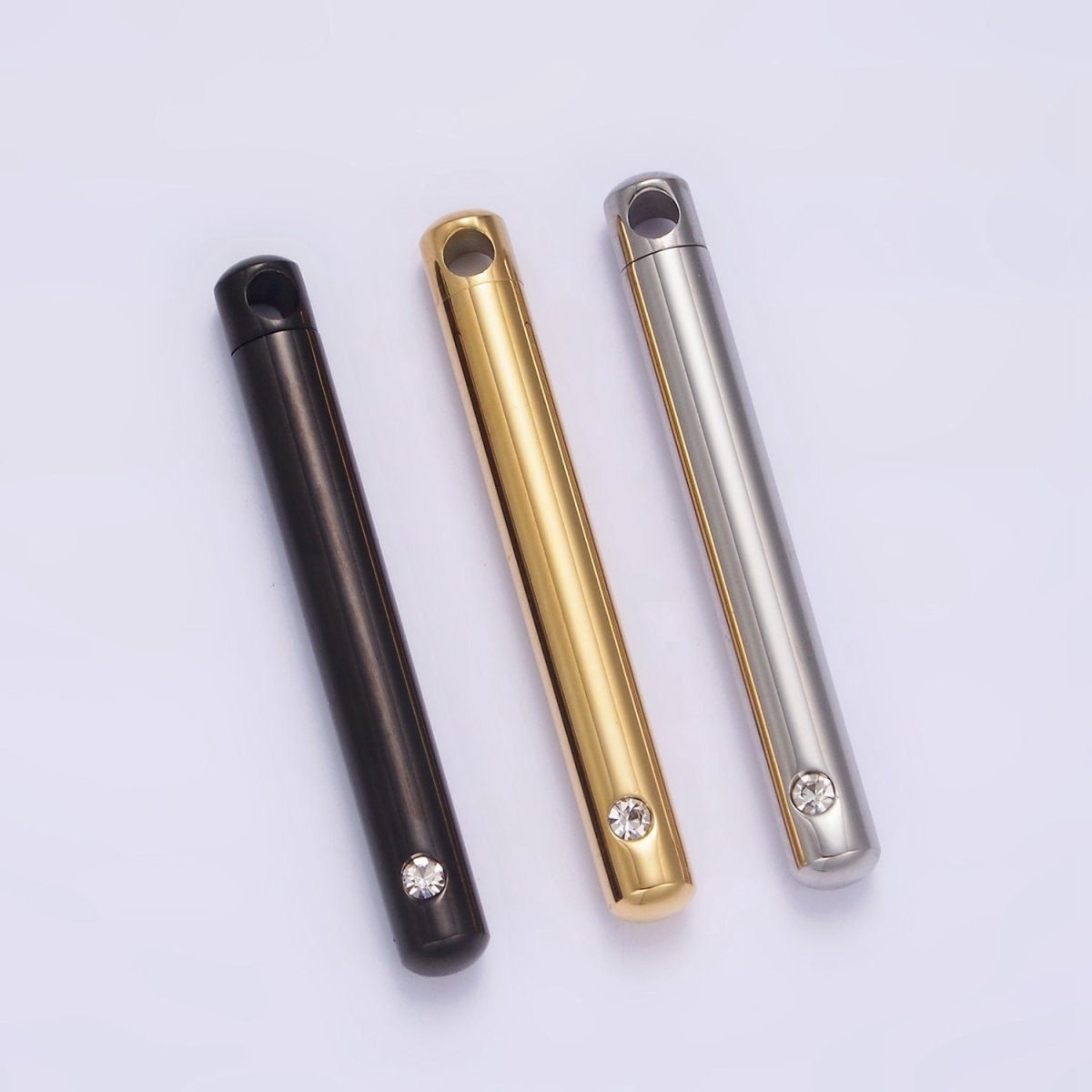 Stainless Steel 43.5mm Clear CZ Cylinder Tube Container Pendant in Silver, Gold, Black | P-720 ~ P-722 - DLUXCA