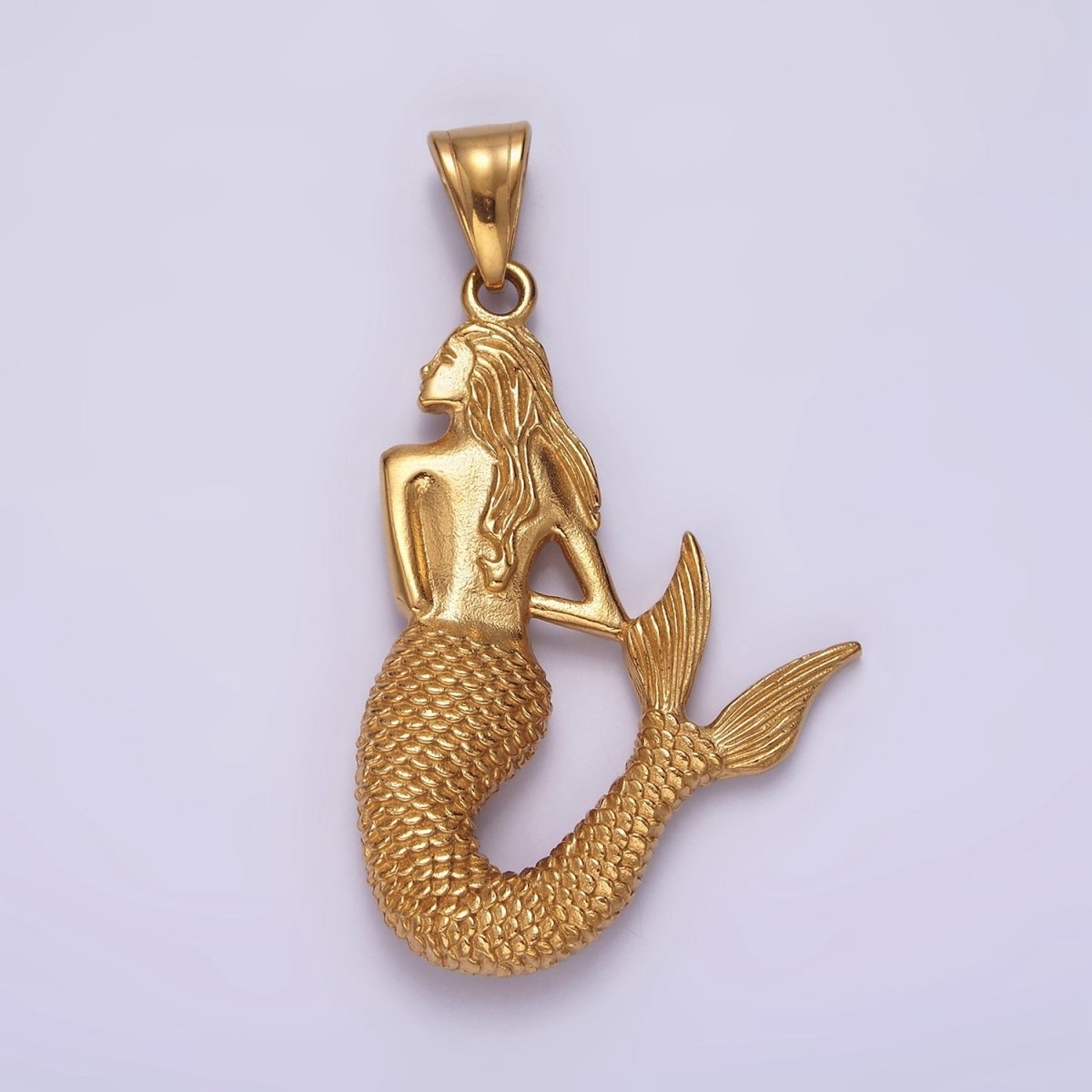 Stainless Steel 44.5mm Ocean Mermaid Scale-Textured Minimalist Pendant | P858 - DLUXCA