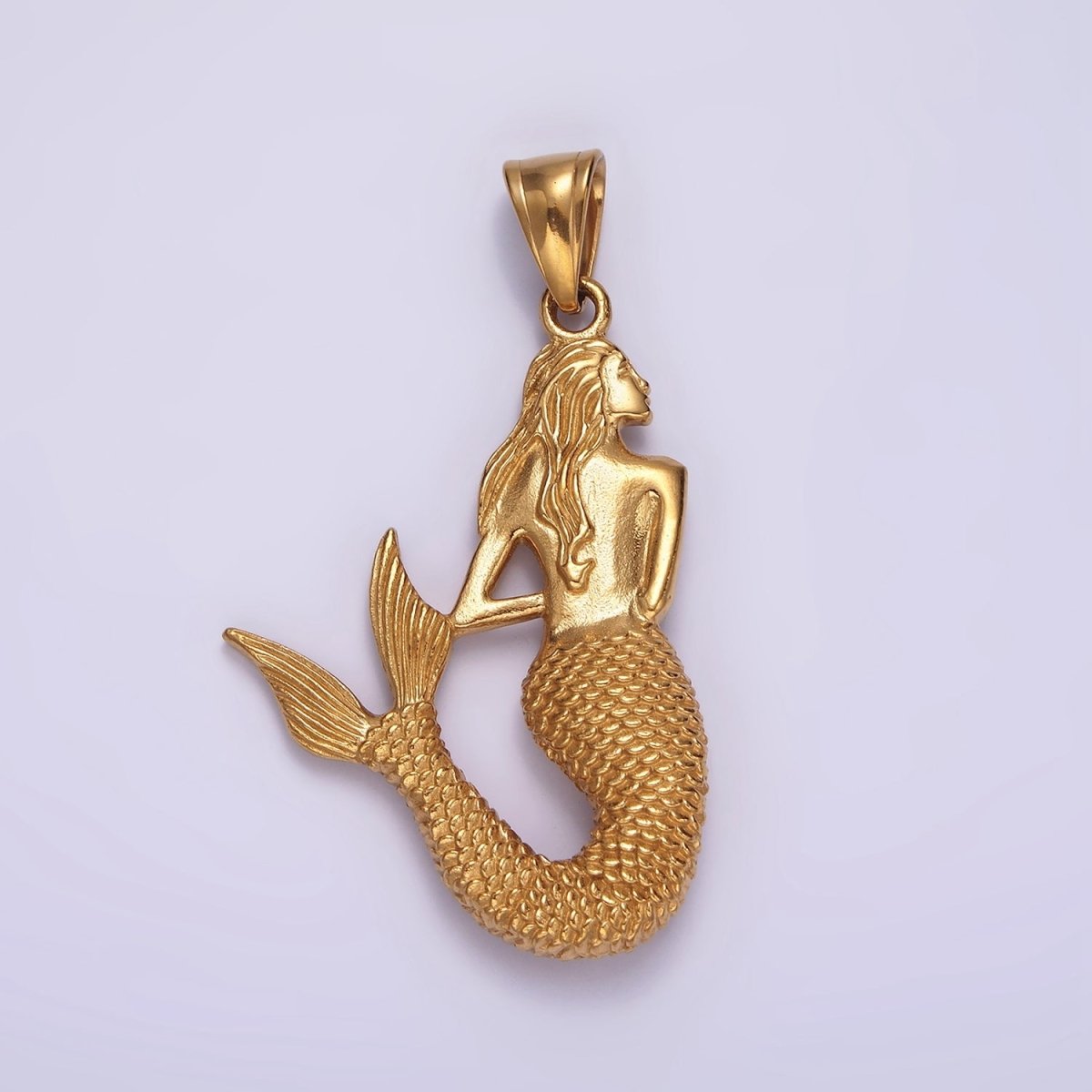 Stainless Steel 44.5mm Ocean Mermaid Scale-Textured Minimalist Pendant | P858 - DLUXCA