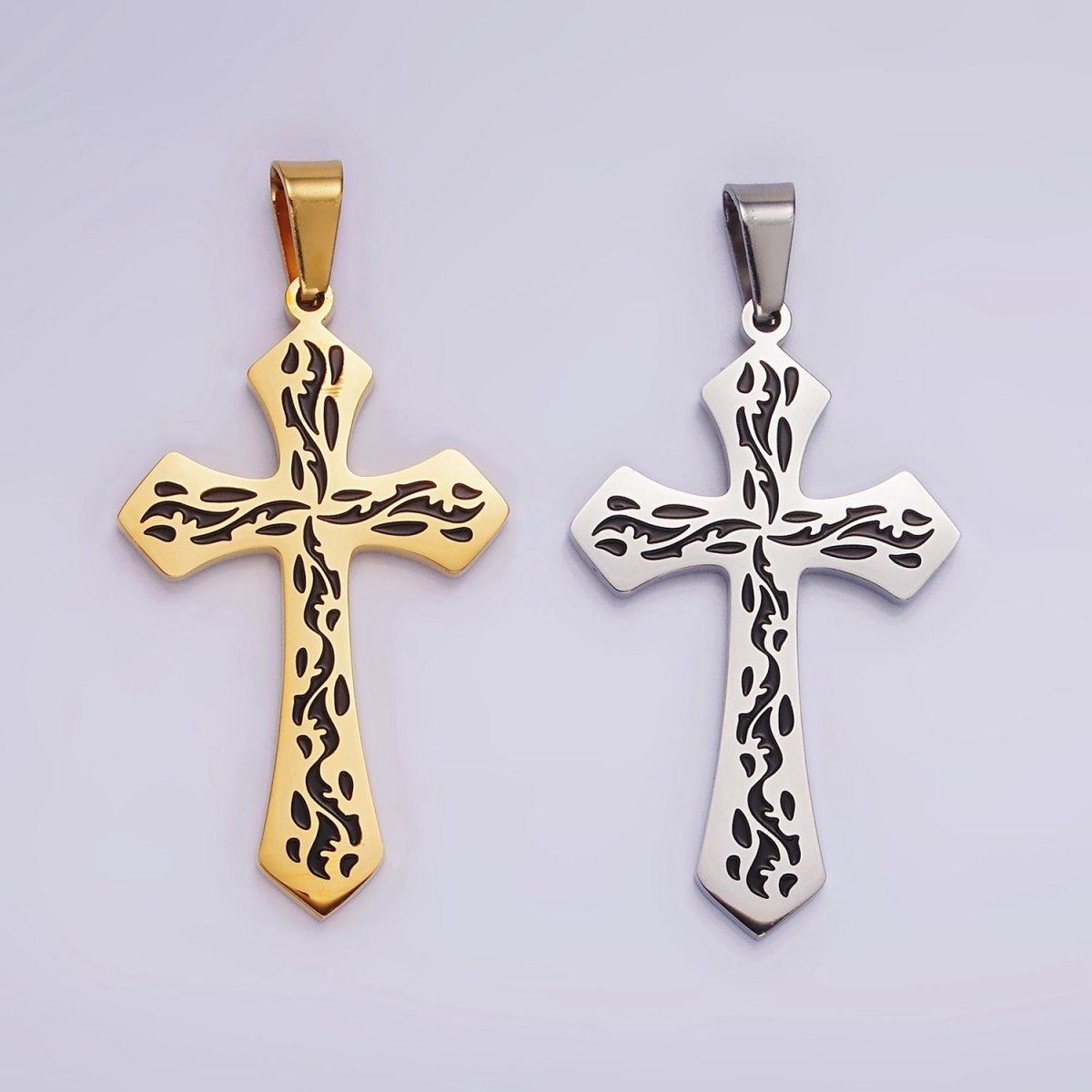 Stainless Steel 44mm Black Artisan Wave Holy Spirit Baptism Fire Passion Cross Pendant in Gold & Silver | P-850 P-851 - DLUXCA
