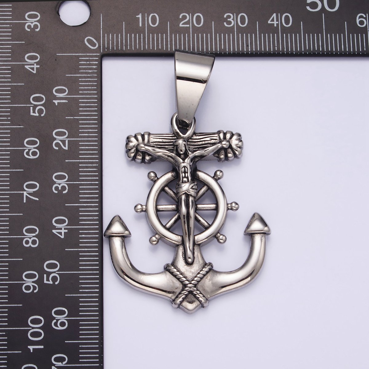 Stainless Steel 45.5mm Crucifix Jesus Steering Wheel Anchor Pendant | P-823 - DLUXCA