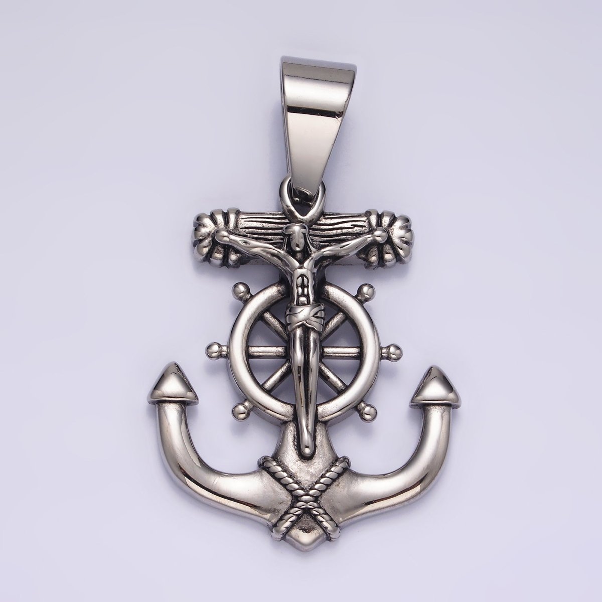 Stainless Steel 45.5mm Crucifix Jesus Steering Wheel Anchor Pendant | P-823 - DLUXCA