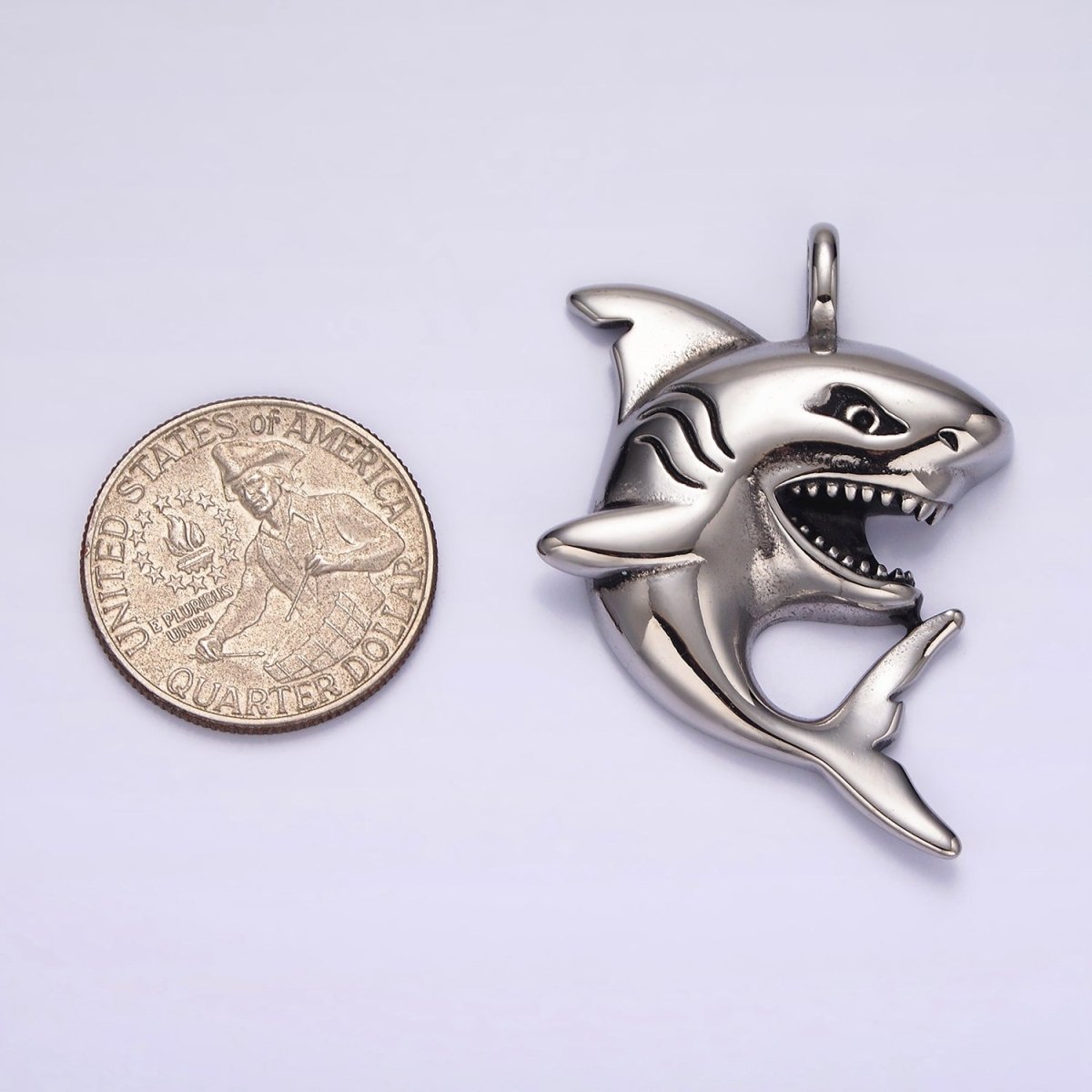 Stainless Steel 45mm Curved Shark Fish Ocean Animal Pendant | P859 - DLUXCA