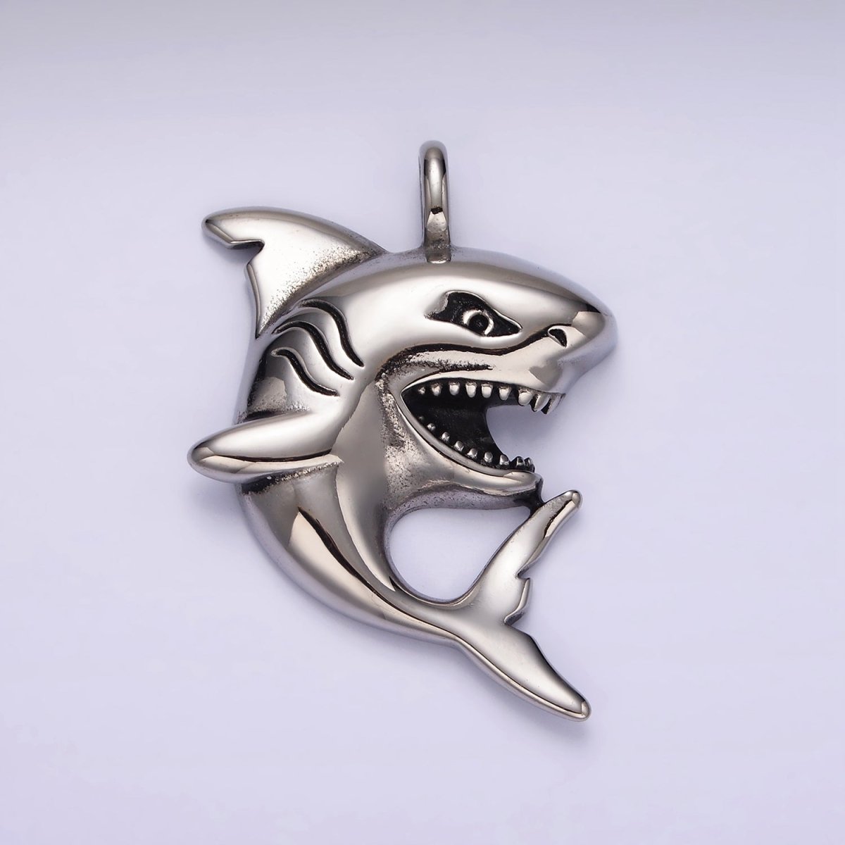 Stainless Steel 45mm Curved Shark Fish Ocean Animal Pendant | P859 - DLUXCA