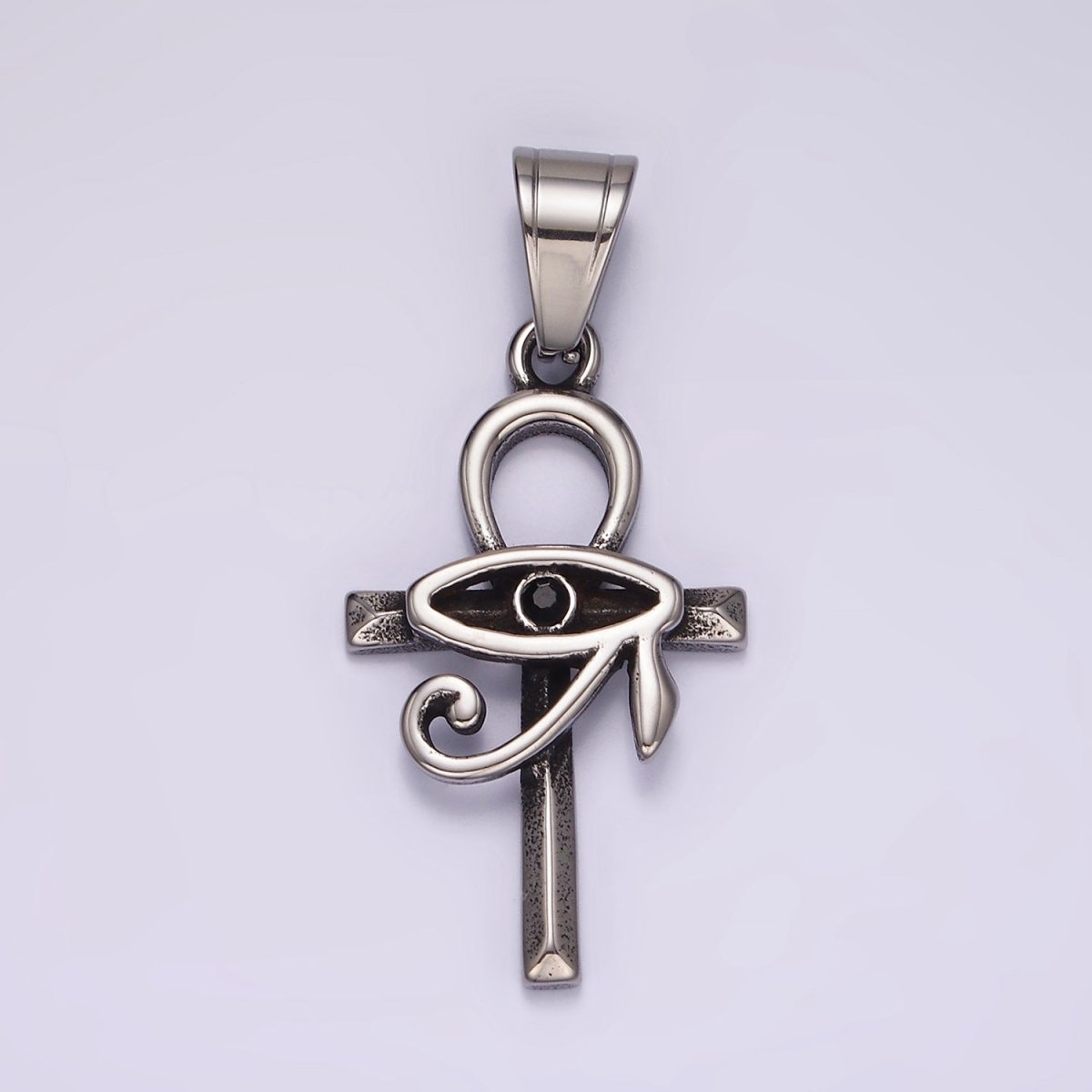 Stainless Steel 45mm Eye of Ra Edged Ankh Cross Oxidized Pendant | P1178 - DLUXCA