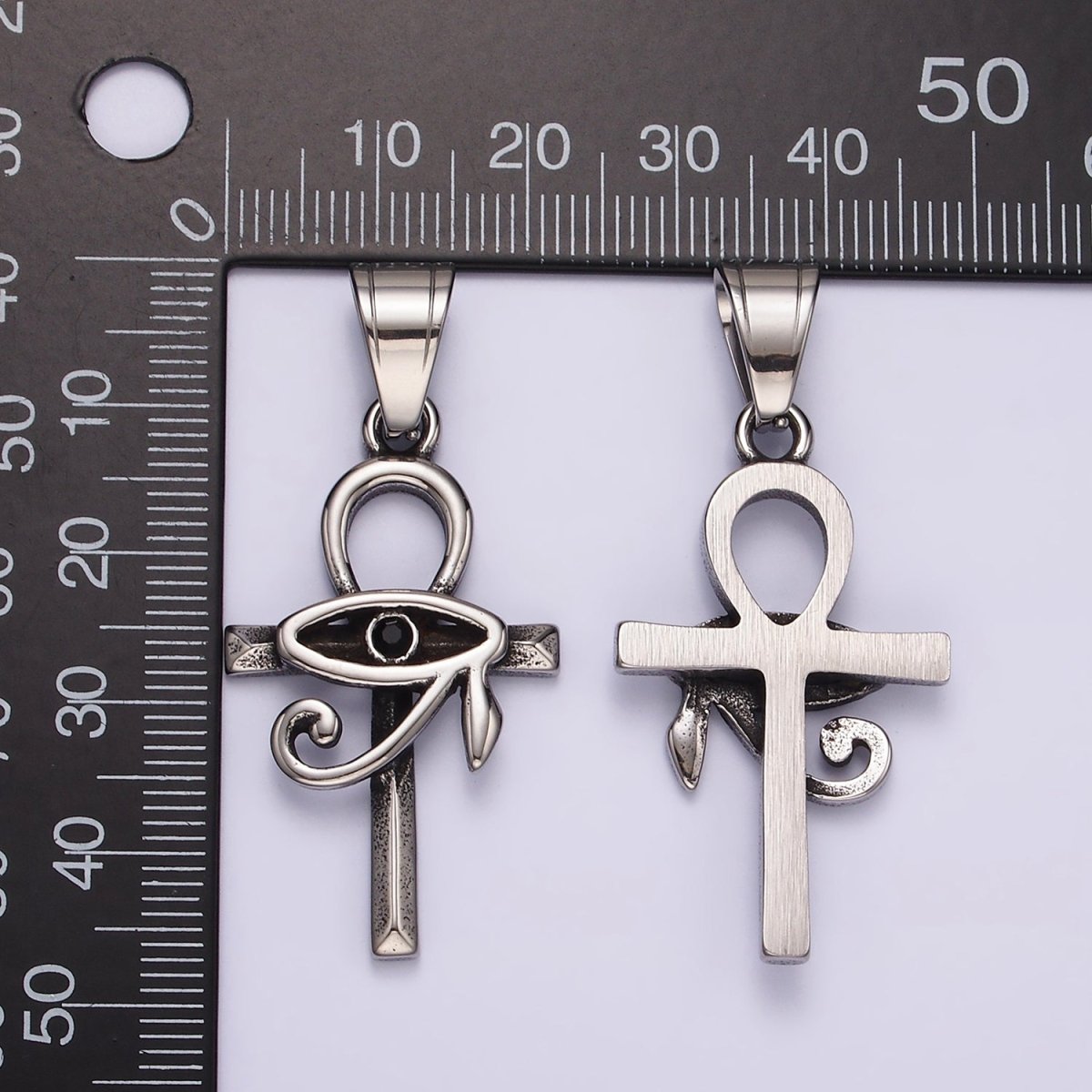 Stainless Steel 45mm Eye of Ra Edged Ankh Cross Oxidized Pendant | P1178 - DLUXCA