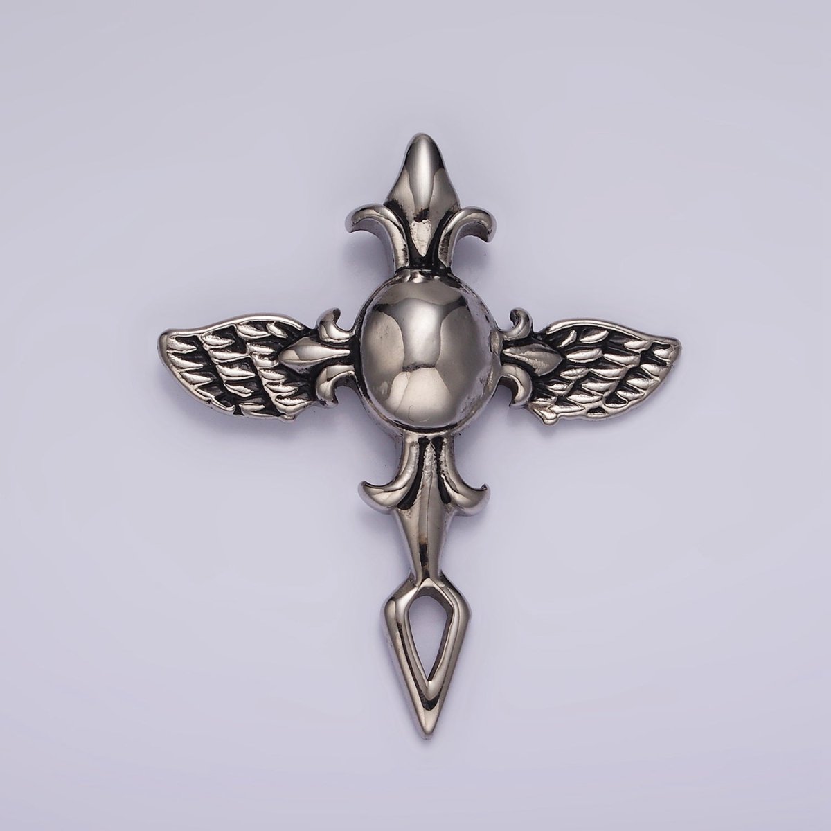 Stainless Steel 45mm Fleur Angel Wings Geometric Cross Pendant | P1365 - DLUXCA