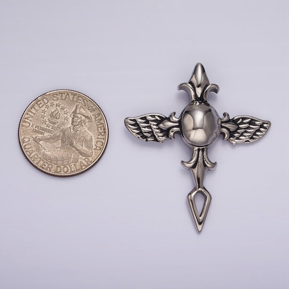 Stainless Steel 45mm Fleur Angel Wings Geometric Cross Pendant | P1365 - DLUXCA