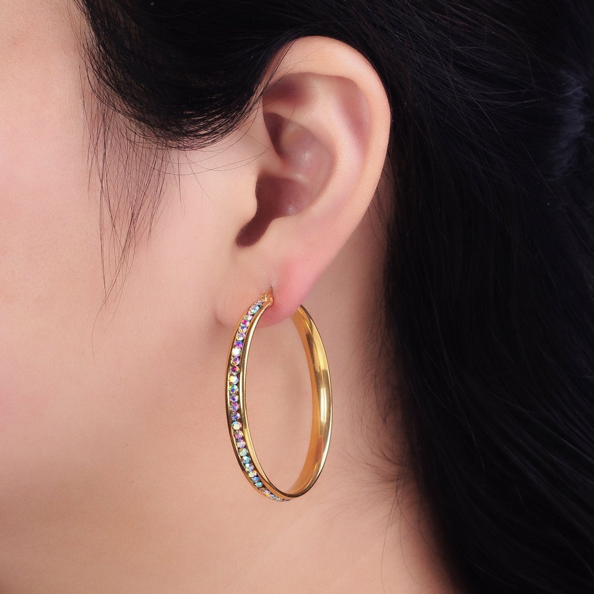 Stainless Steel 45mm Iridescent AB Lined Statement Hoop Earrings | AB351 - DLUXCA