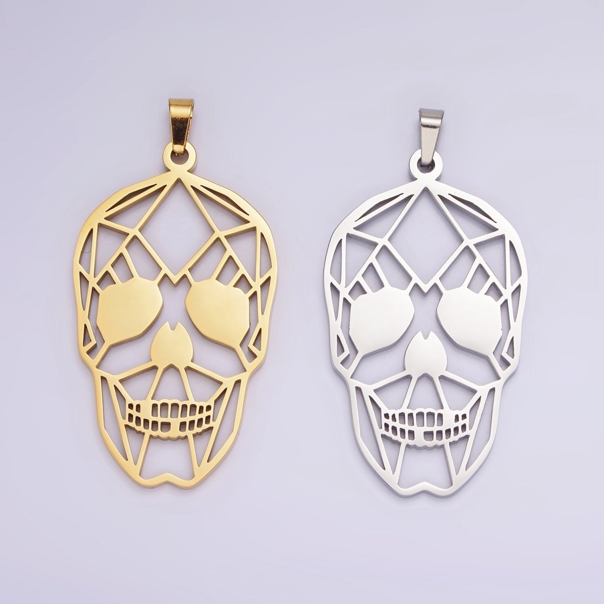 Stainless Steel 45mm Open Geometric Skeleton Skull Pendant in Gold & Silver | P-848 P-849 - DLUXCA