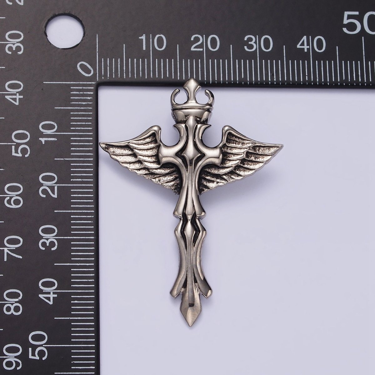 Stainless Steel 46.5mm Artisan Fleury Cross Crown Feather Wings Pendant | P-805 - DLUXCA