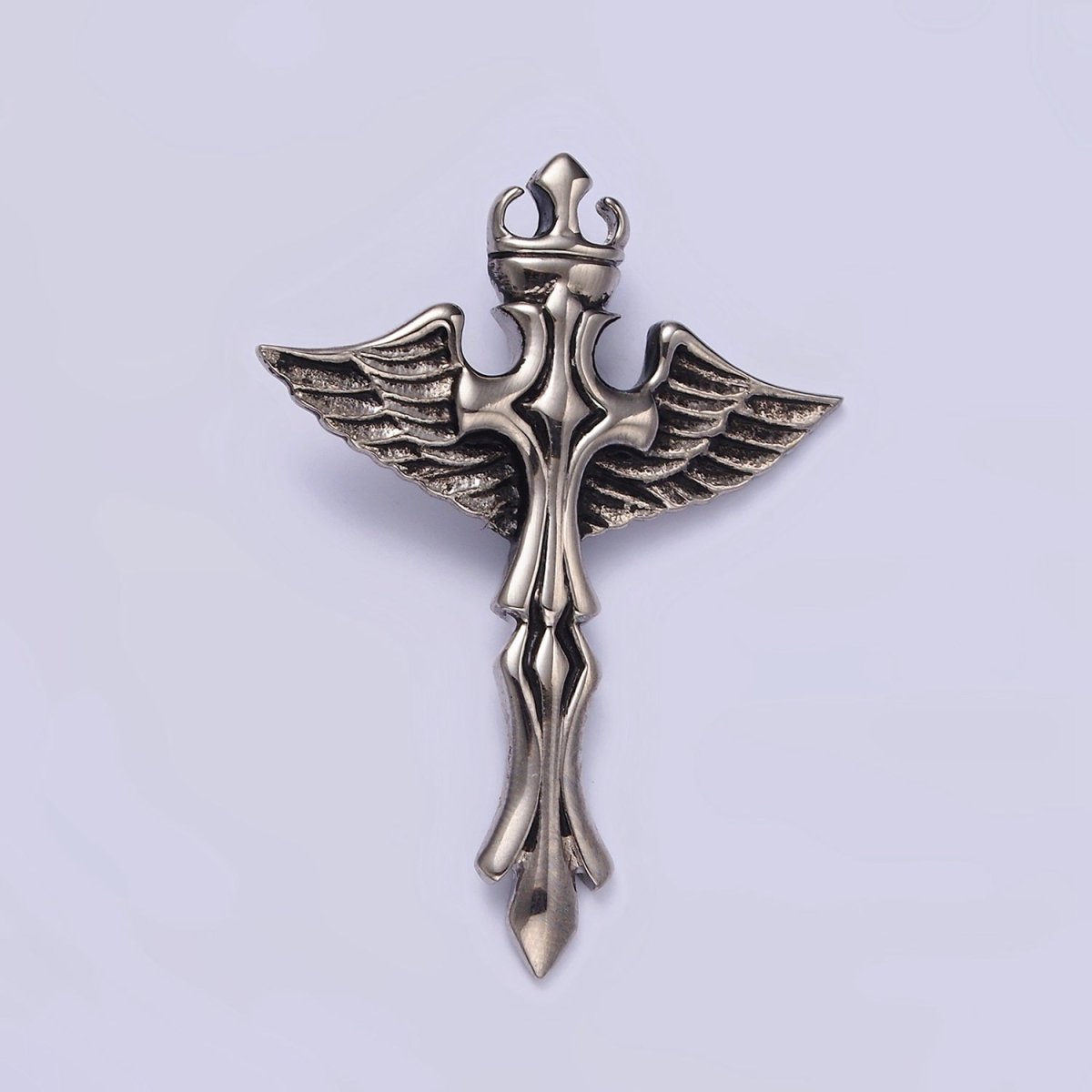 Stainless Steel 46.5mm Artisan Fleury Cross Crown Feather Wings Pendant | P-805 - DLUXCA