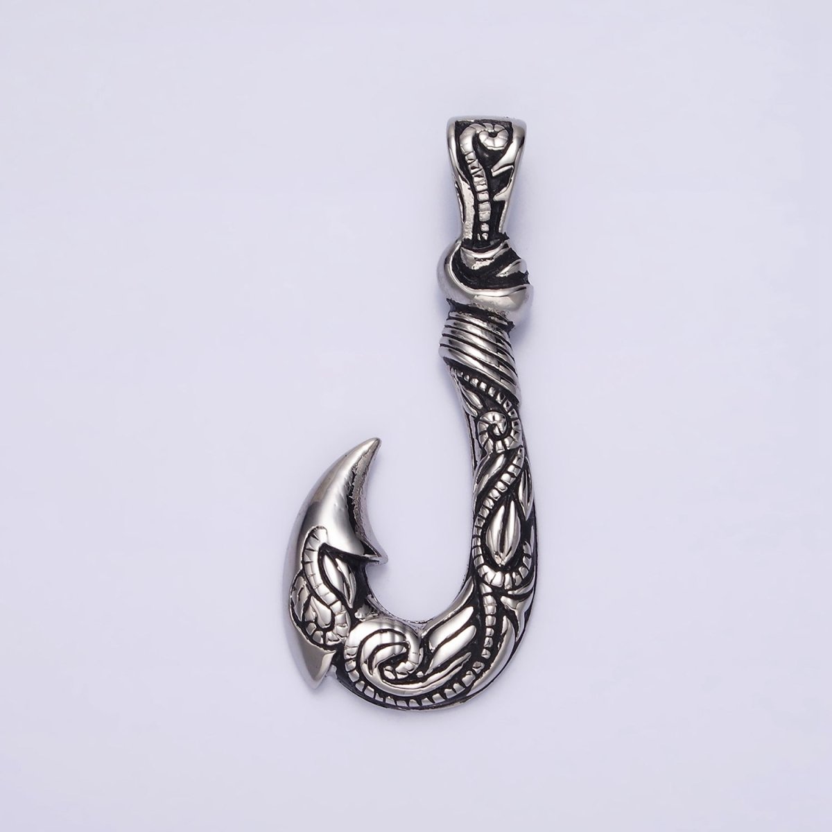 Stainless Steel 47mm Fish J-Hook Vine Engraved Pendant in Silver & Gold | P-779 P-780 - DLUXCA
