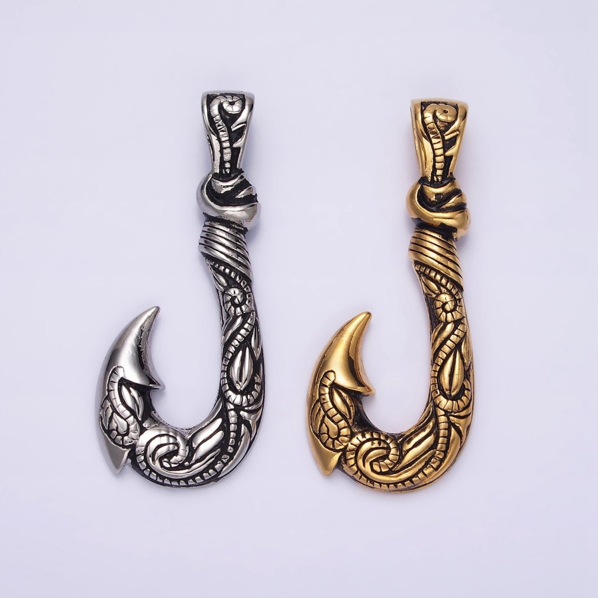 Stainless Steel 47mm Fish J-Hook Vine Engraved Pendant in Silver & Gold | P-779 P-780 - DLUXCA