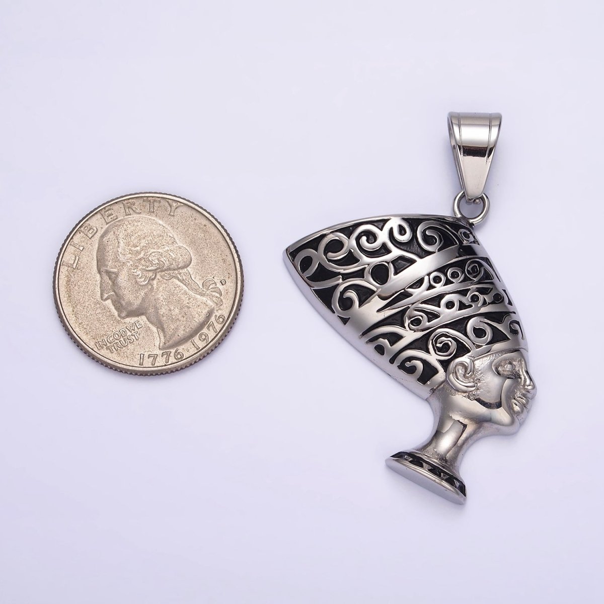 Stainless Steel 47mm Queen Nefertiti Egyptian Goddess Black-Silver Pendant | P-773 - DLUXCA