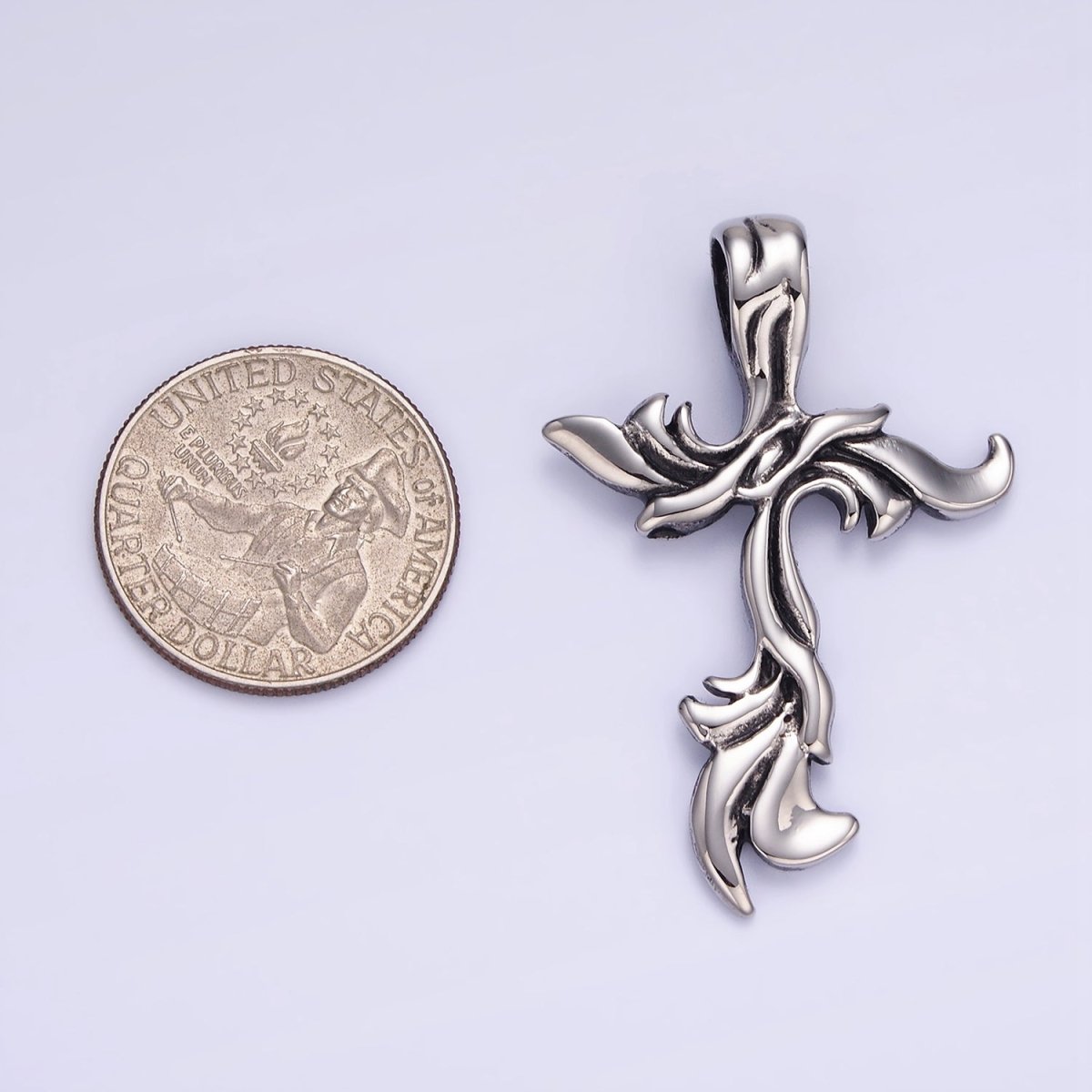 Stainless Steel 48mm Artisan Cross Religious Oxidized Silver Pendant | P1408 - DLUXCA