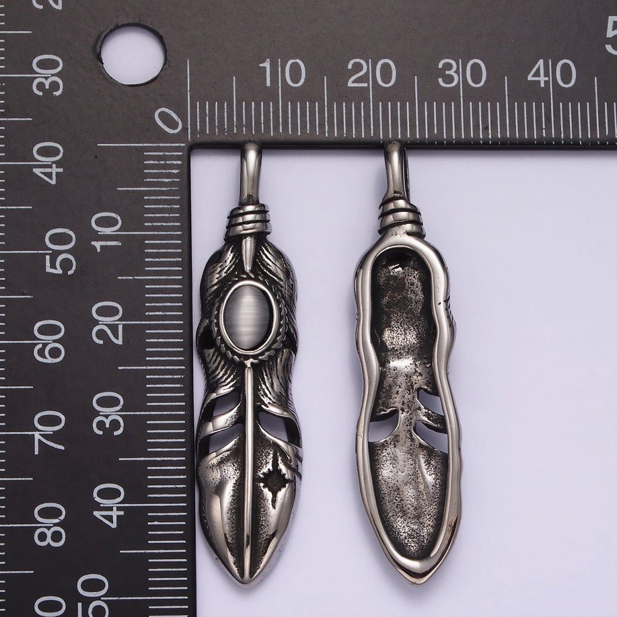 Stainless Steel 49mm Feather Charm Long Statement Boho Oxidized Pendant | P870 - DLUXCA