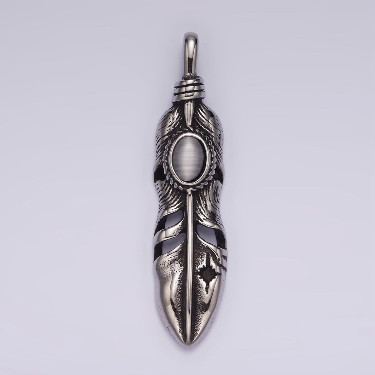 Stainless Steel 49mm Feather Charm Long Statement Boho Oxidized Pendant | P870 - DLUXCA