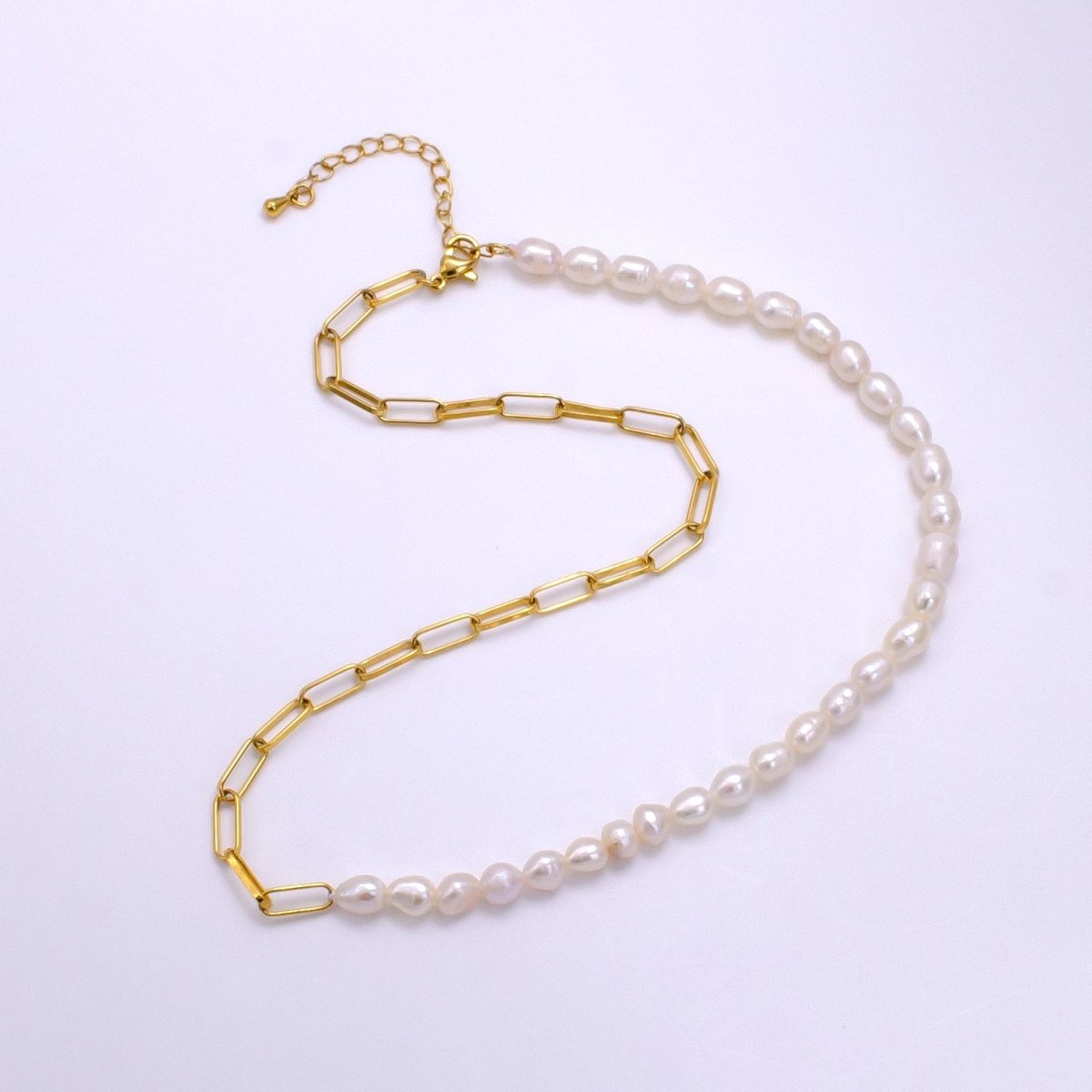Stainless Steel 4mm Paperclip Half Ringed Freshwater Pearl 16 Inch Choker Necklace | WA-2324 Clearance Pricing - DLUXCA
