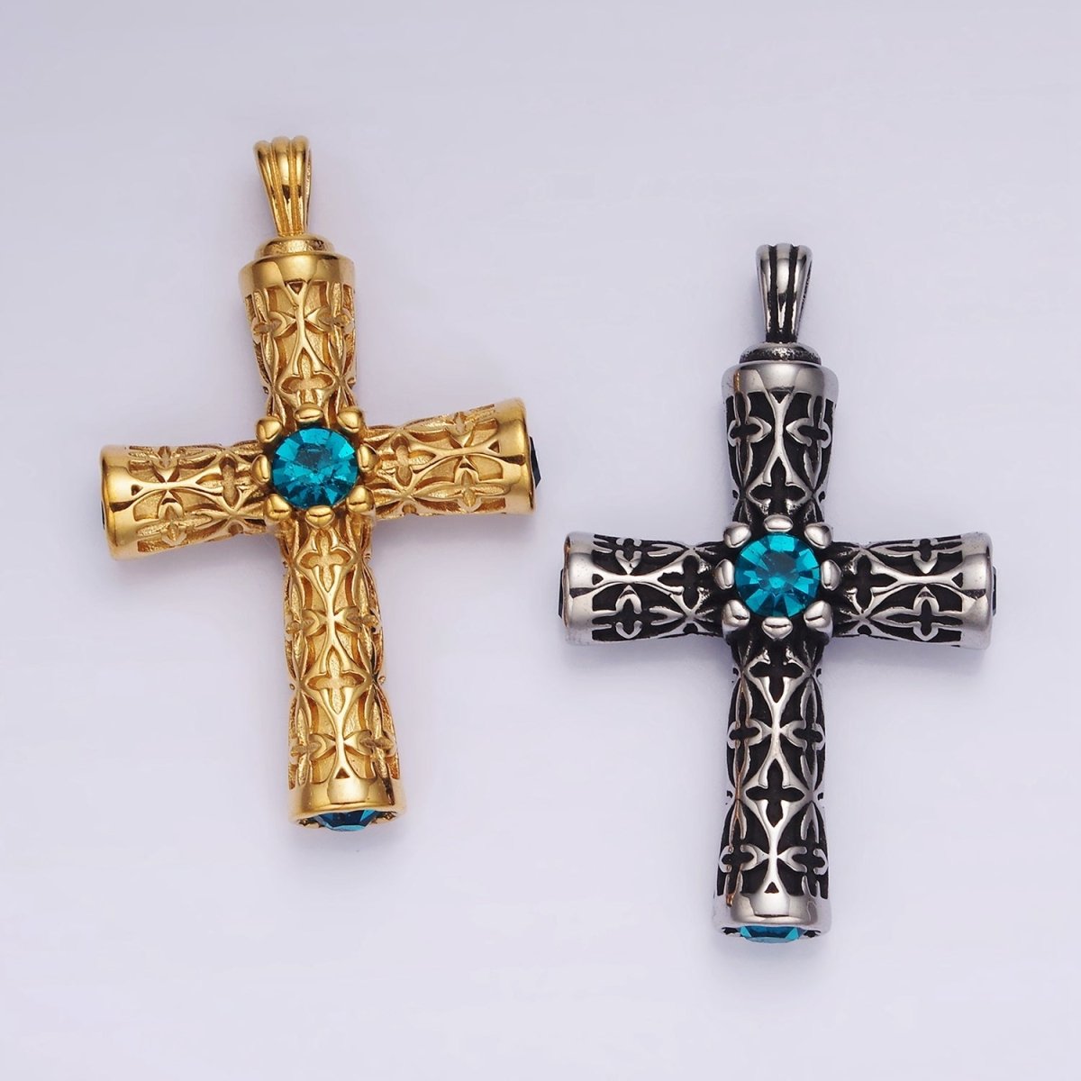 Stainless Steel 50.5mm Four Blue CZ Artisan Passion Celtic Engraved Religious Cross Pendant in Gold & Silver | P-853 P-854 - DLUXCA