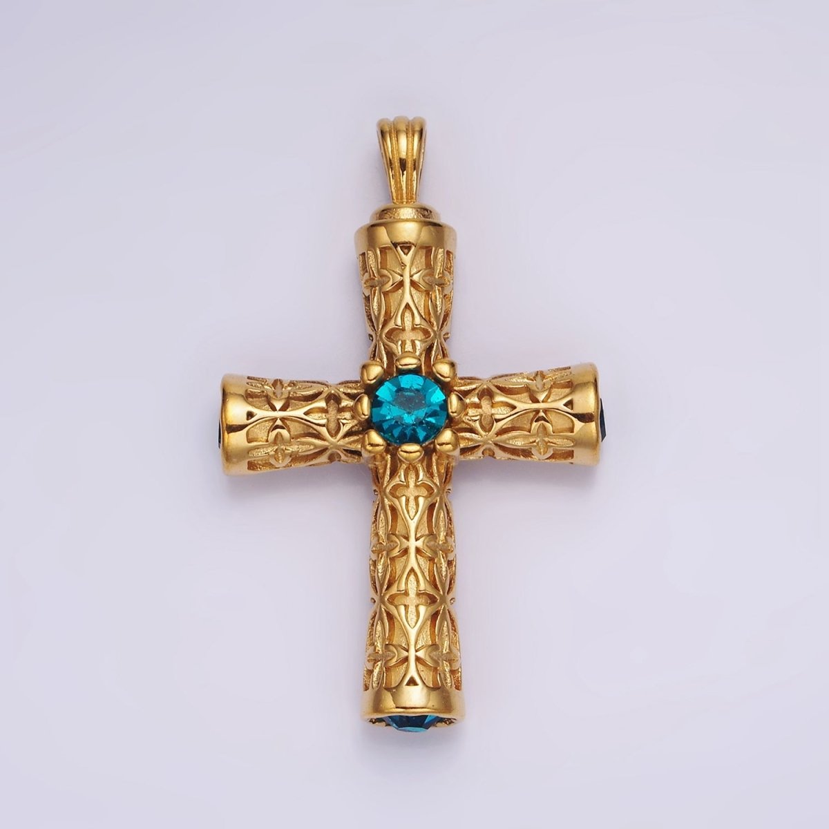 Stainless Steel 50.5mm Four Blue CZ Artisan Passion Celtic Engraved Religious Cross Pendant in Gold & Silver | P-853 P-854 - DLUXCA