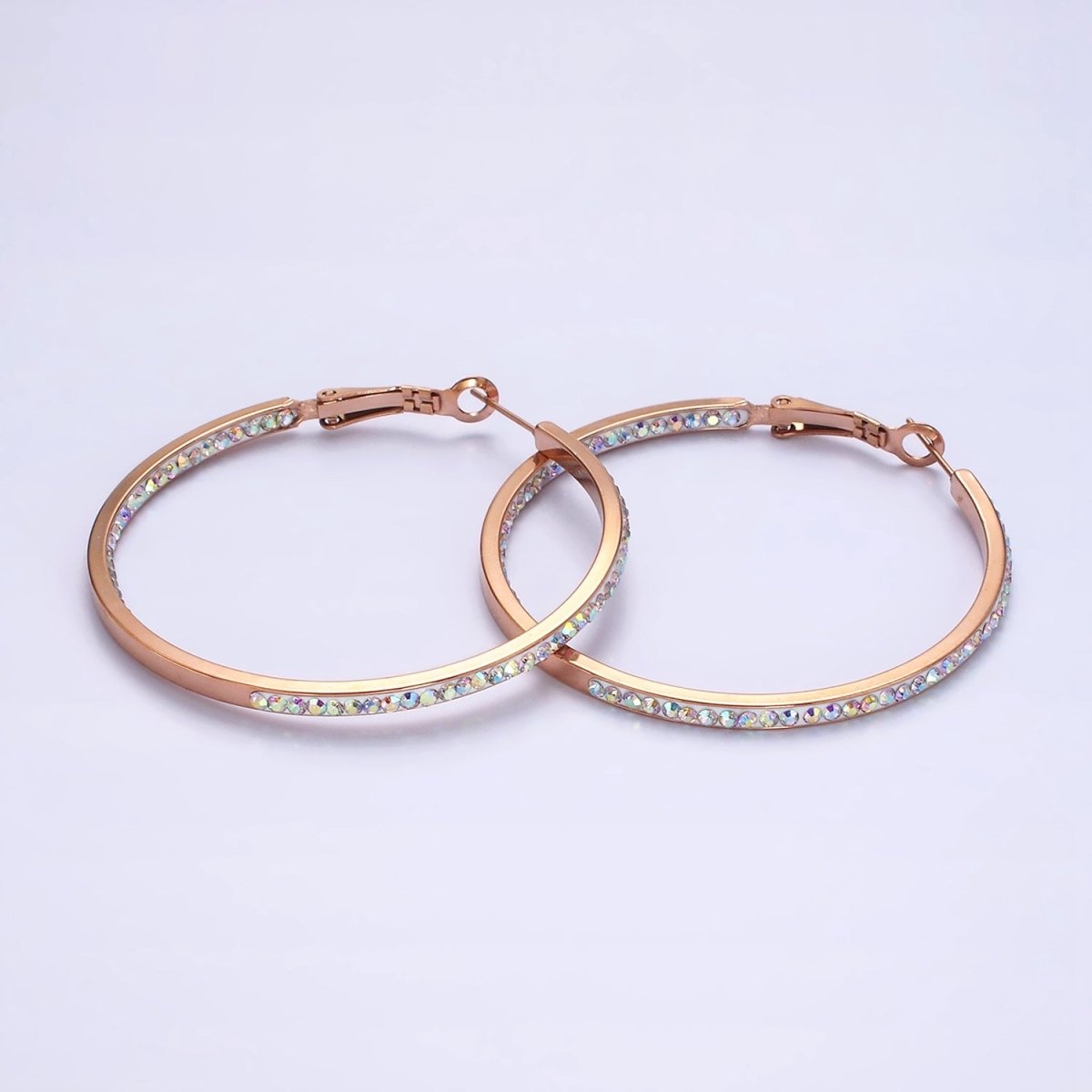 Stainless Steel 50mm, 40mm Iridescent CZ Lined Front-Facing Hinge Hoop Earrings | AE101 AE102 - DLUXCA