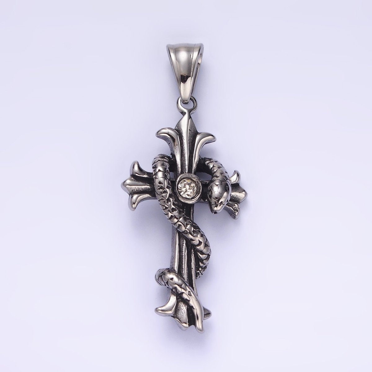 Stainless Steel 50mm Clear CZ Fleury Cross Slither Snake Pendant | P-744 - DLUXCA