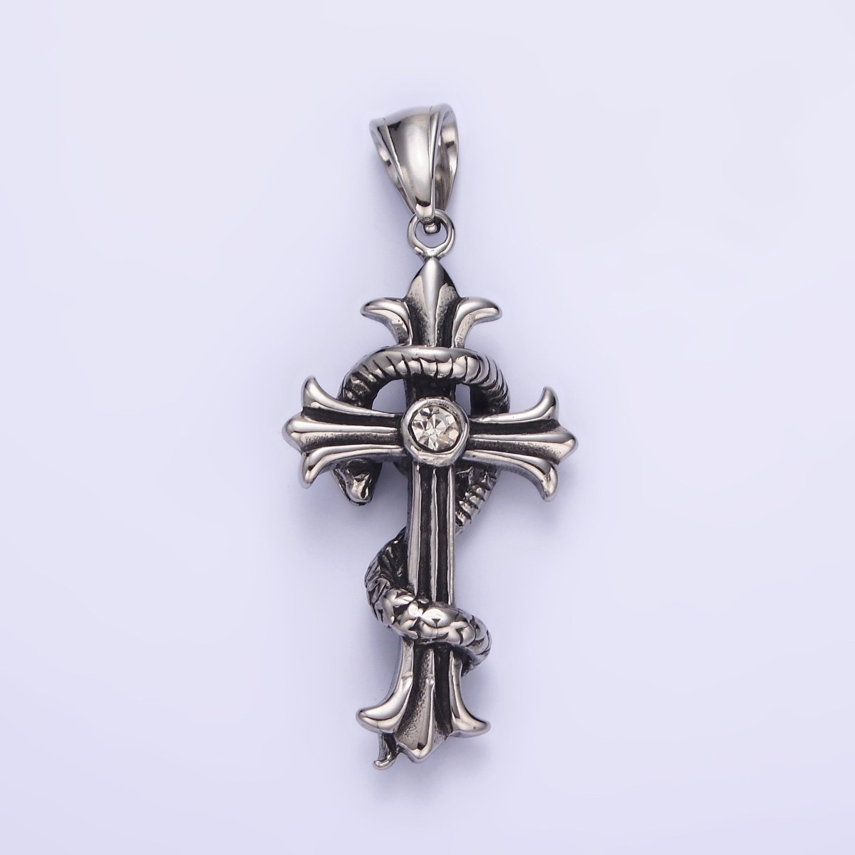 Stainless Steel 50mm Clear CZ Fleury Cross Slither Snake Pendant | P-744 - DLUXCA