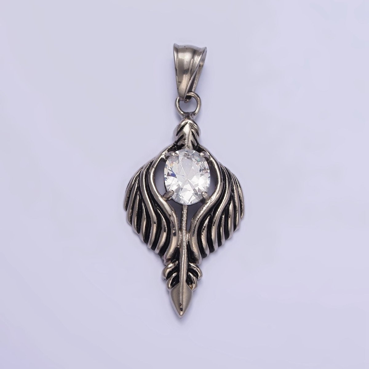 Stainless Steel 50mm Clear CZ Oval Line-Textured Wrapped Arrow Pendant in Silver & Black | P-808 P-813 - DLUXCA