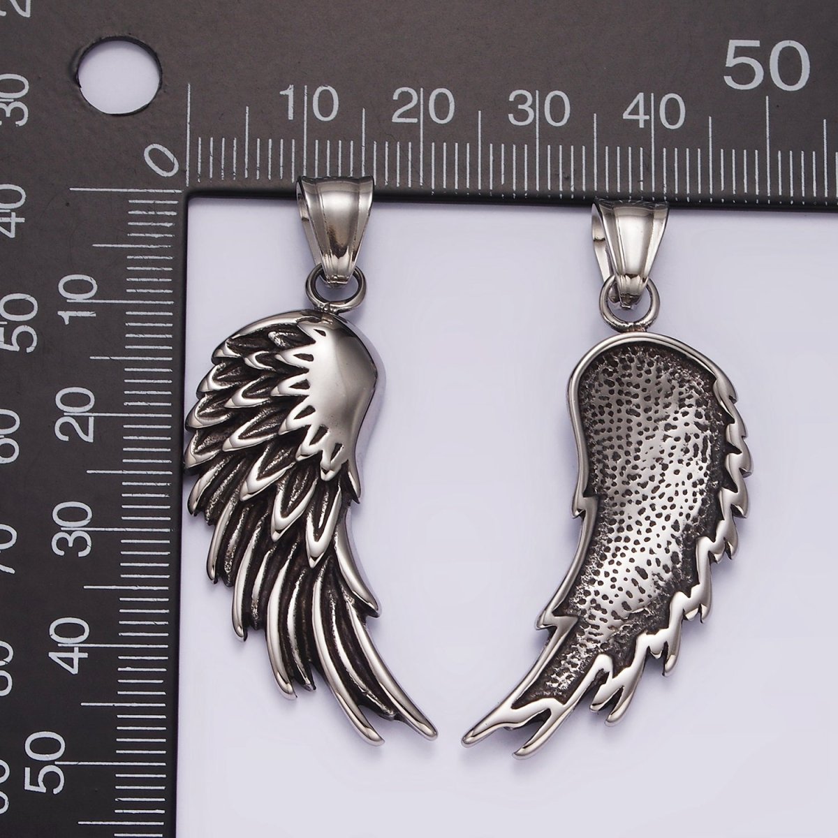 Stainless Steel 50mm Feather Wings Textured Pendant | P877 - DLUXCA