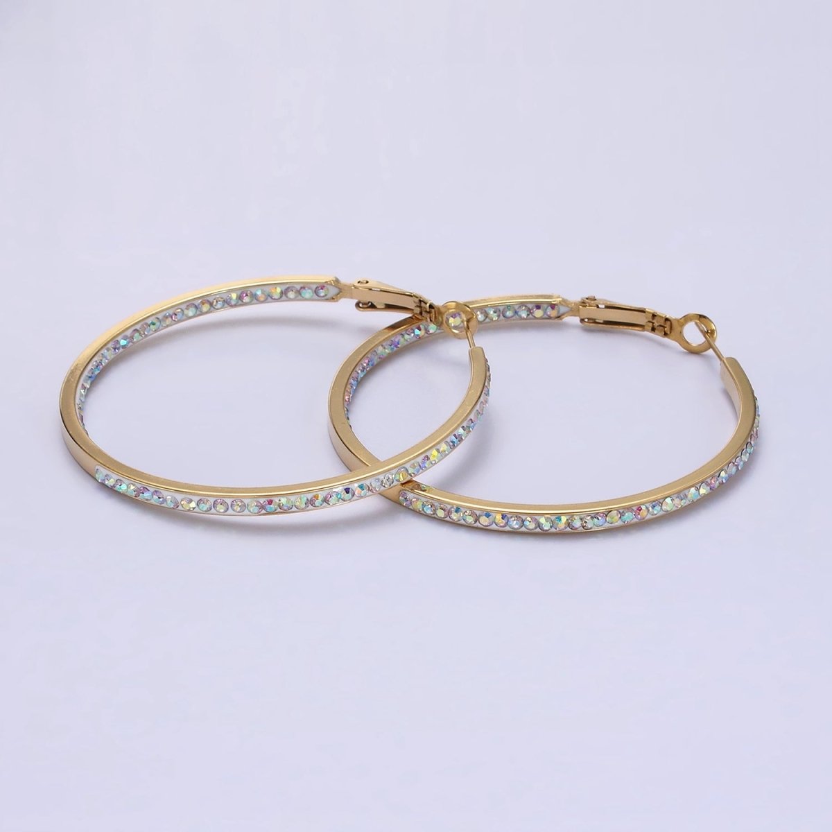 Stainless Steel 50mm Iridescent CZ Lined Front-Facing Hinge Hoop Earrings | AE103 - DLUXCA