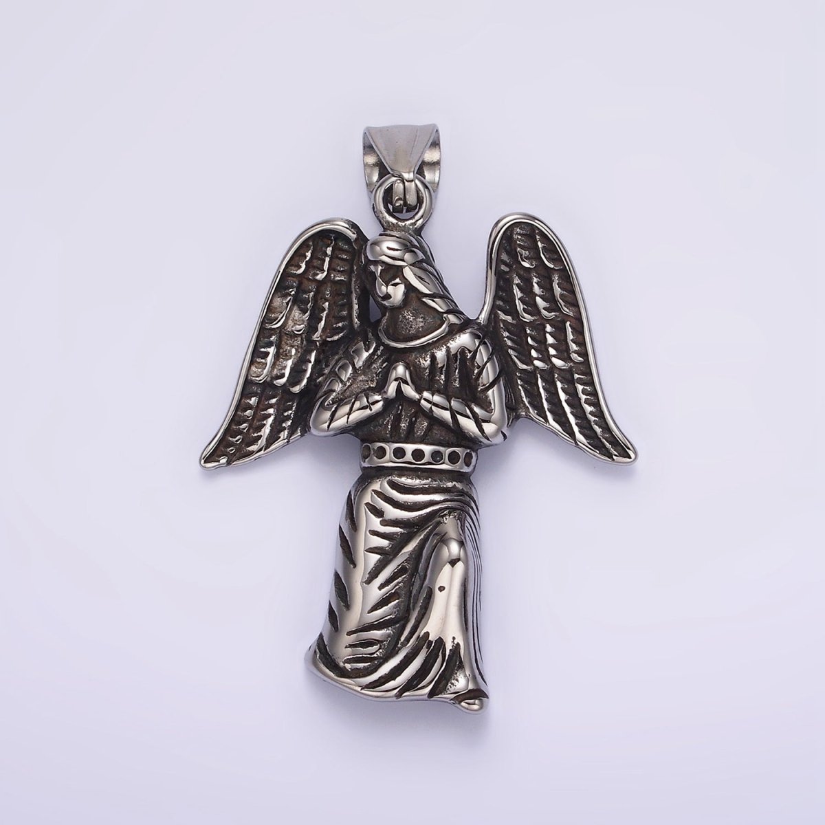 Stainless Steel 50mm Praying Angel Feather Wing Oxidized Pendant | P1188 - DLUXCA