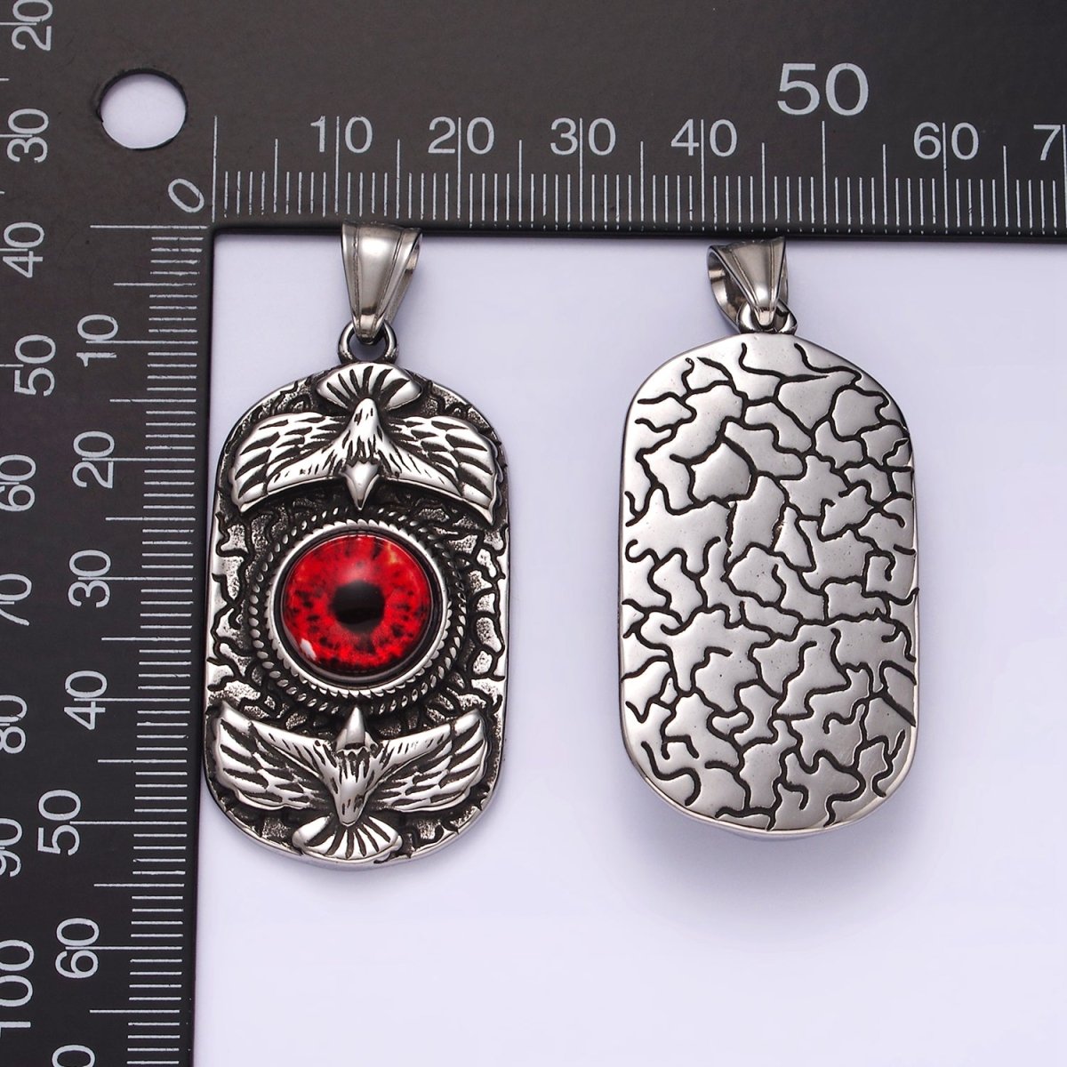 Stainless Steel 50mm Red Eye Double Bird Textured Oblong Pendant | P1062 - DLUXCA