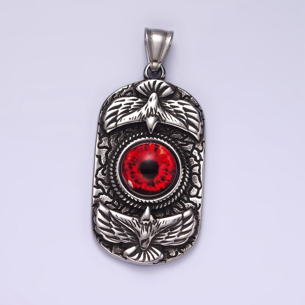 Stainless Steel 50mm Red Eye Double Bird Textured Oblong Pendant | P1062 - DLUXCA