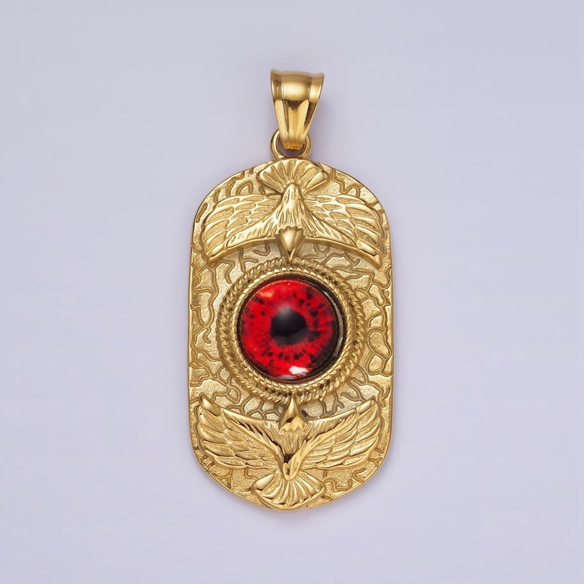 Stainless Steel 50mm Red Eye Double Bird Textured Oblong Pendant | P1073 - DLUXCA