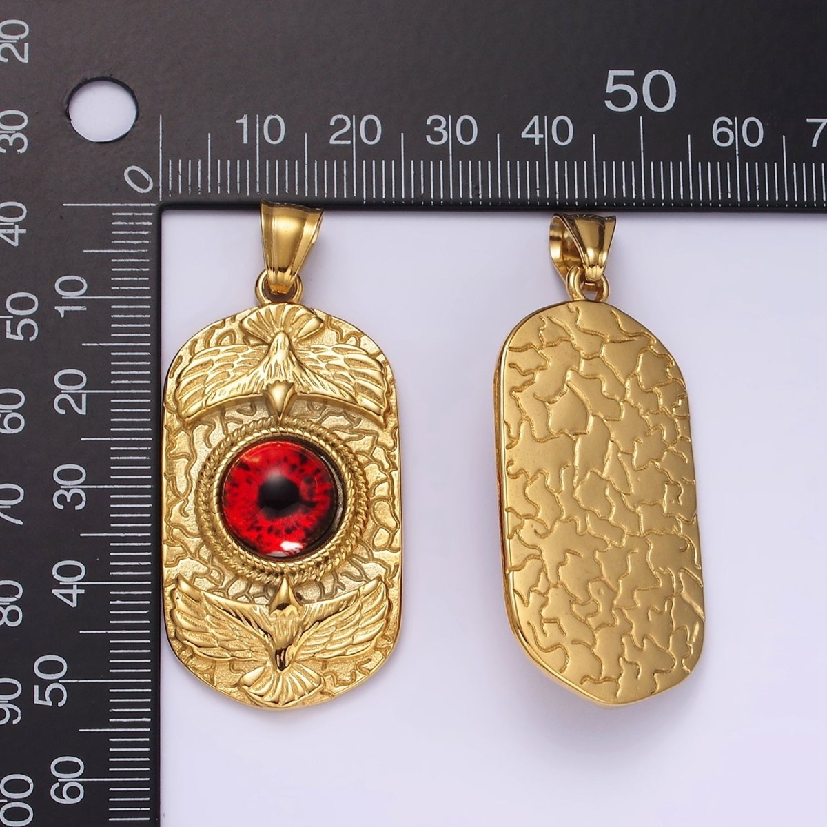 Stainless Steel 50mm Red Eye Double Bird Textured Oblong Pendant | P1073 - DLUXCA
