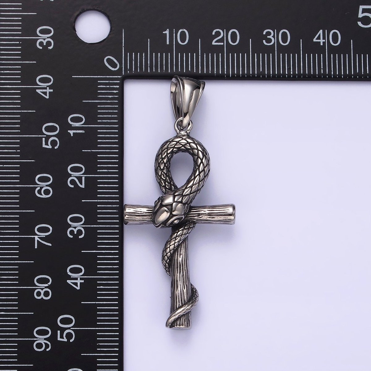 Stainless Steel 50mm Snake Wood-Textured Egyptian Ankh Cross Pendant | P-748 - DLUXCA