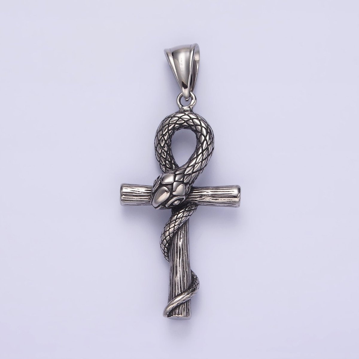 Stainless Steel 50mm Snake Wood-Textured Egyptian Ankh Cross Pendant | P-748 - DLUXCA