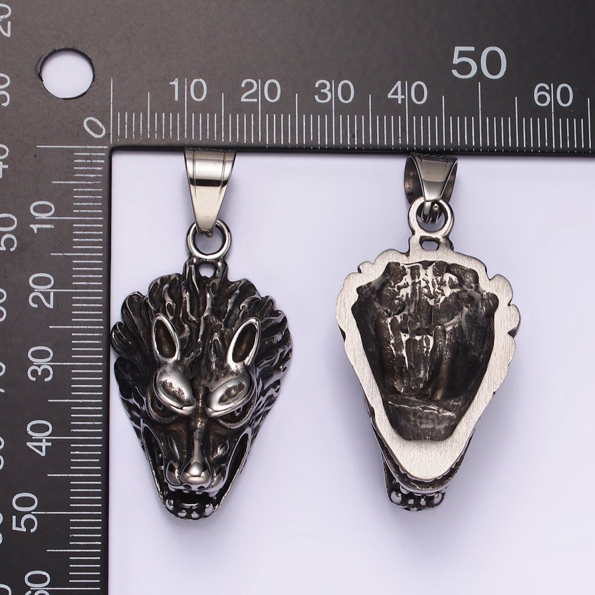 Stainless Steel 50mm Snarling Wolf Animal Head Oxidized Pendant | P1174 - DLUXCA