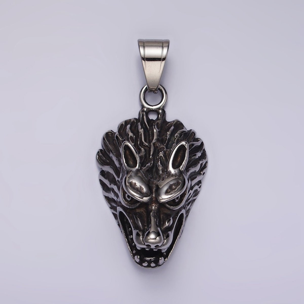 Stainless Steel 50mm Snarling Wolf Animal Head Oxidized Pendant | P1174 - DLUXCA