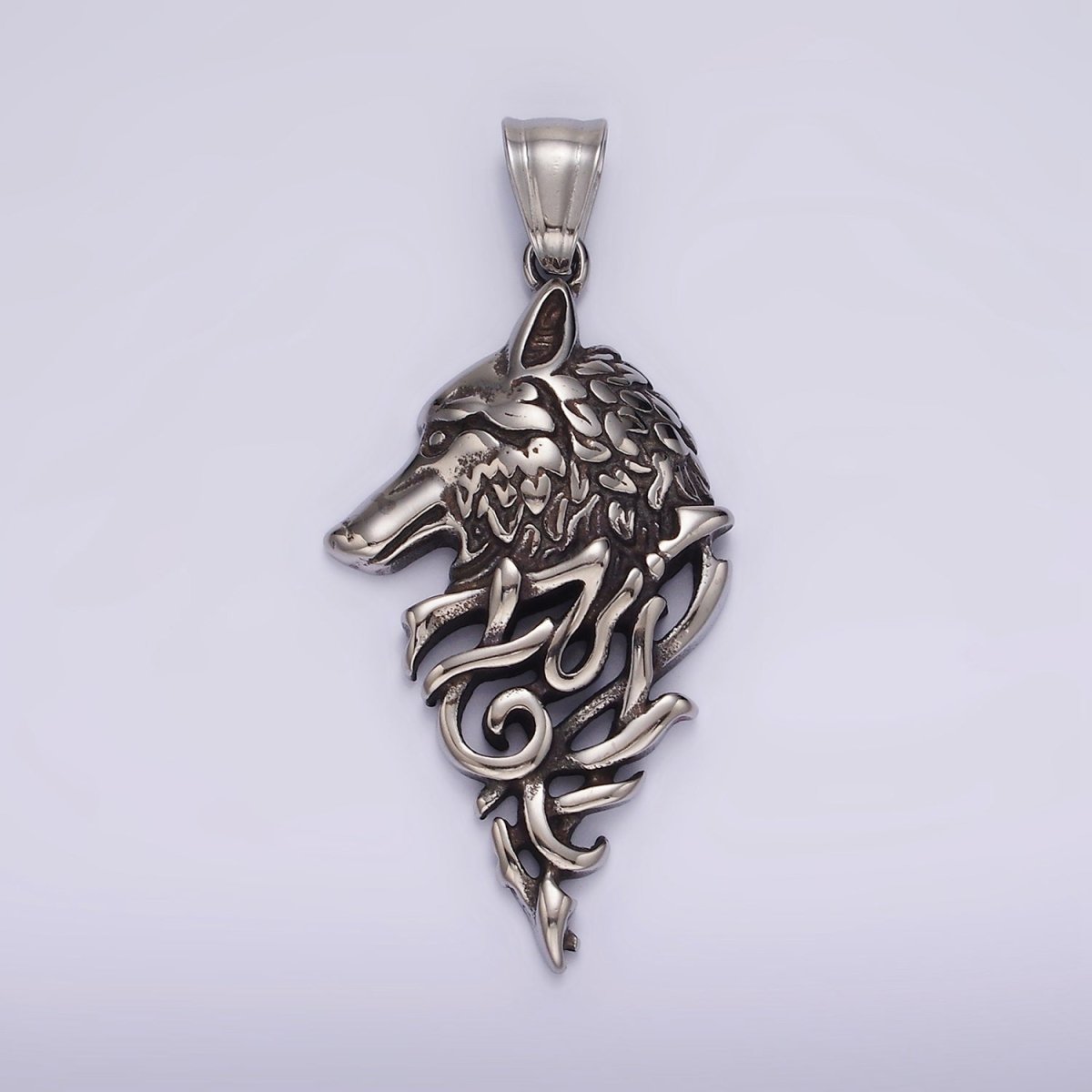 Stainless Steel 50mm Wolf Animal Head Geometric Open Oxidized Pendant | P1185 - DLUXCA