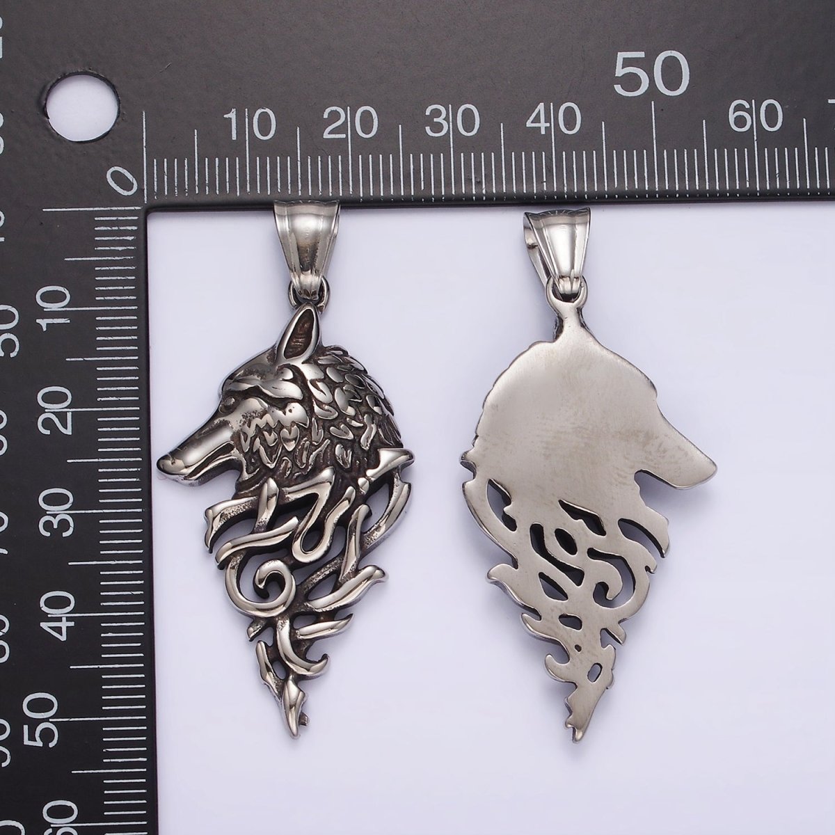 Stainless Steel 50mm Wolf Animal Head Geometric Open Oxidized Pendant | P1185 - DLUXCA