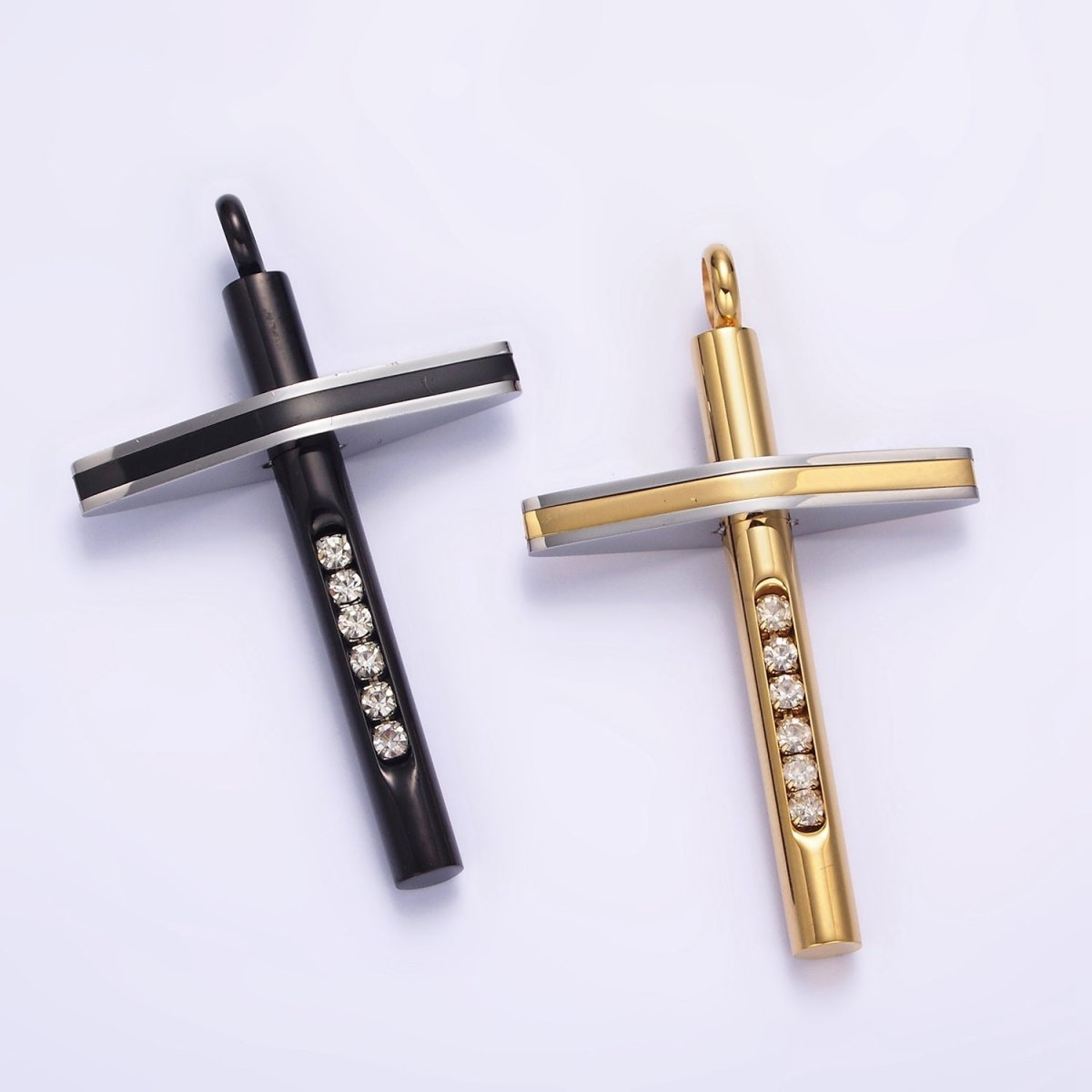 Stainless Steel 51.7mm Geometric Mixed Metal Cross Clear CZ Lined Pendant in Gold & Black | P-711 P-712 - DLUXCA