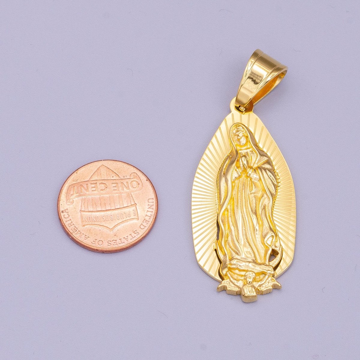 Stainless Steel 52mm Mary Lady Guadalupe Lined Religious Pendant | P-1169 - DLUXCA
