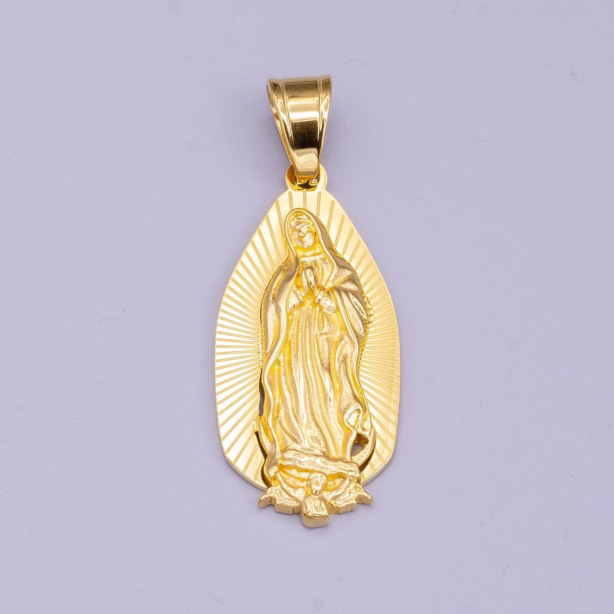 Stainless Steel 52mm Mary Lady Guadalupe Lined Religious Pendant | P-1169 - DLUXCA