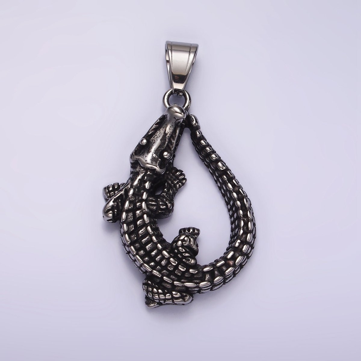 Stainless Steel 53mm Crocodile Alligator Animal Open Teardrop Oxidized Pendant | P1177 - DLUXCA