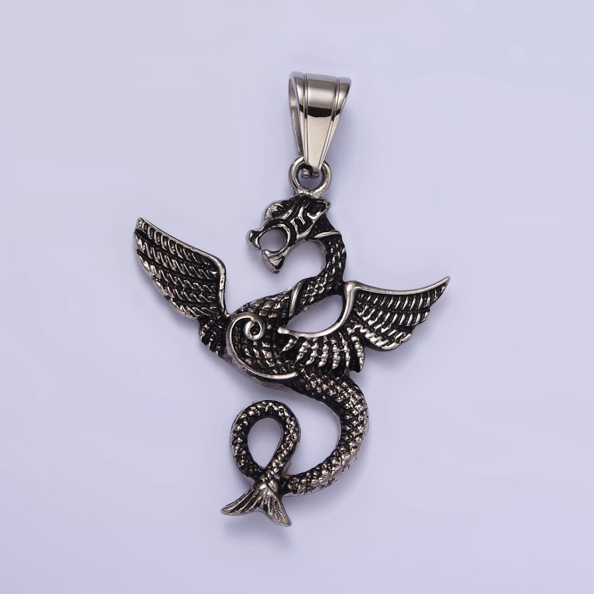Stainless Steel 53mm Textured Sea Snake Dragon Wings Pendant | P-806 - DLUXCA