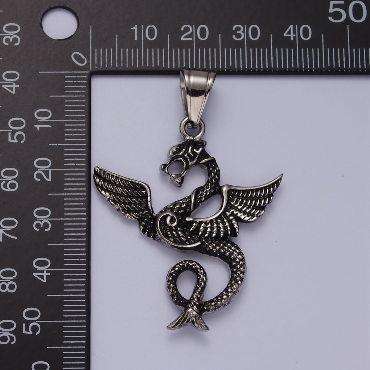 Stainless Steel 53mm Textured Sea Snake Dragon Wings Pendant | P-806 - DLUXCA